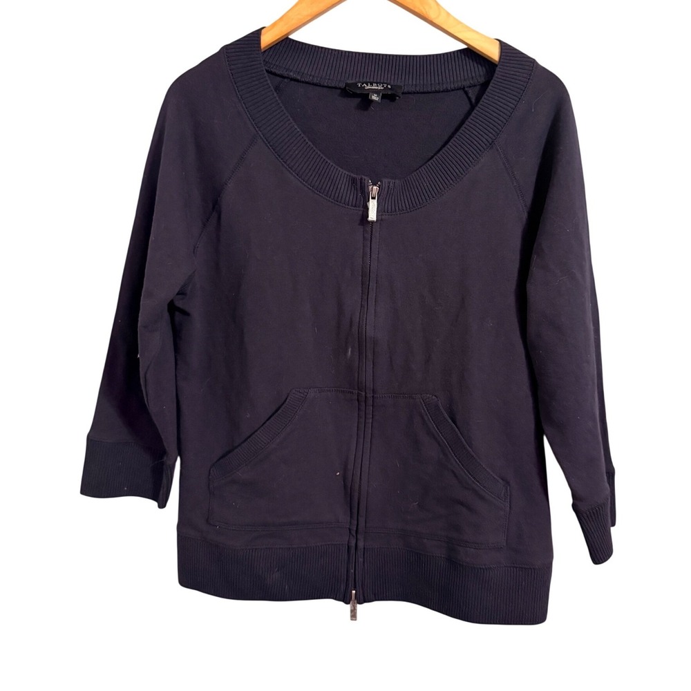 Talbots Navy Blue Zip‎ Up Sweatshirt Jacket 3/4 Sleeve Pockets Size Medium